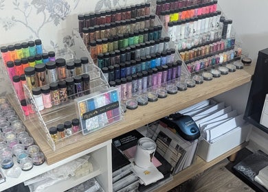 Colorful nail glitter display at Louise's Nail Lounge, Stockton-on-tees, England, GB.