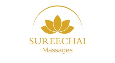 SureechaiMassages logo in golden lotus design, Hove, Vlaanderen, BE location.