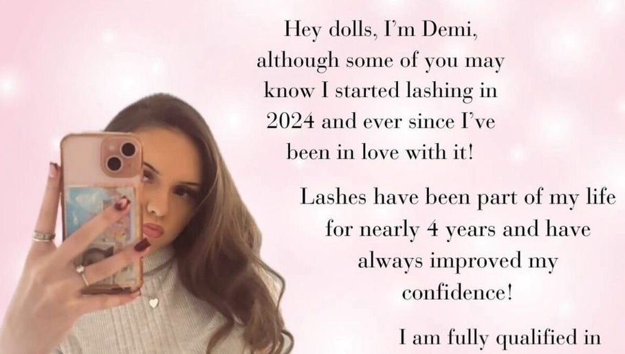 Selfie of a woman holding a phone with text about lash expertise at Dolls By Demi, Dagenham, England, GB.