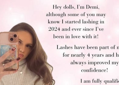 Selfie of a woman holding a phone with text about lash expertise at Dolls By Demi, Dagenham, England, GB.