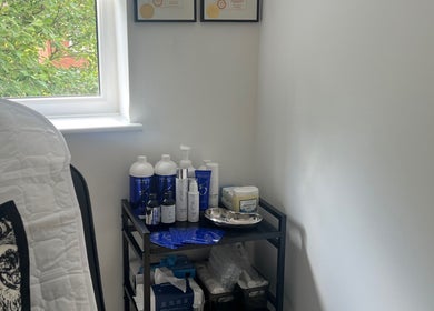 Skinsbyygrace skincare products beautifully arranged, enhancing the calming ambiance. Liverpool, England, GB.