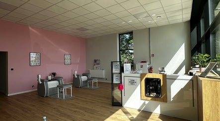 Wnętrze Studio Figura Łomża z różową ścianą i nowoczesnymi meblami w Łomża, Województwo Podlaskie, PL.