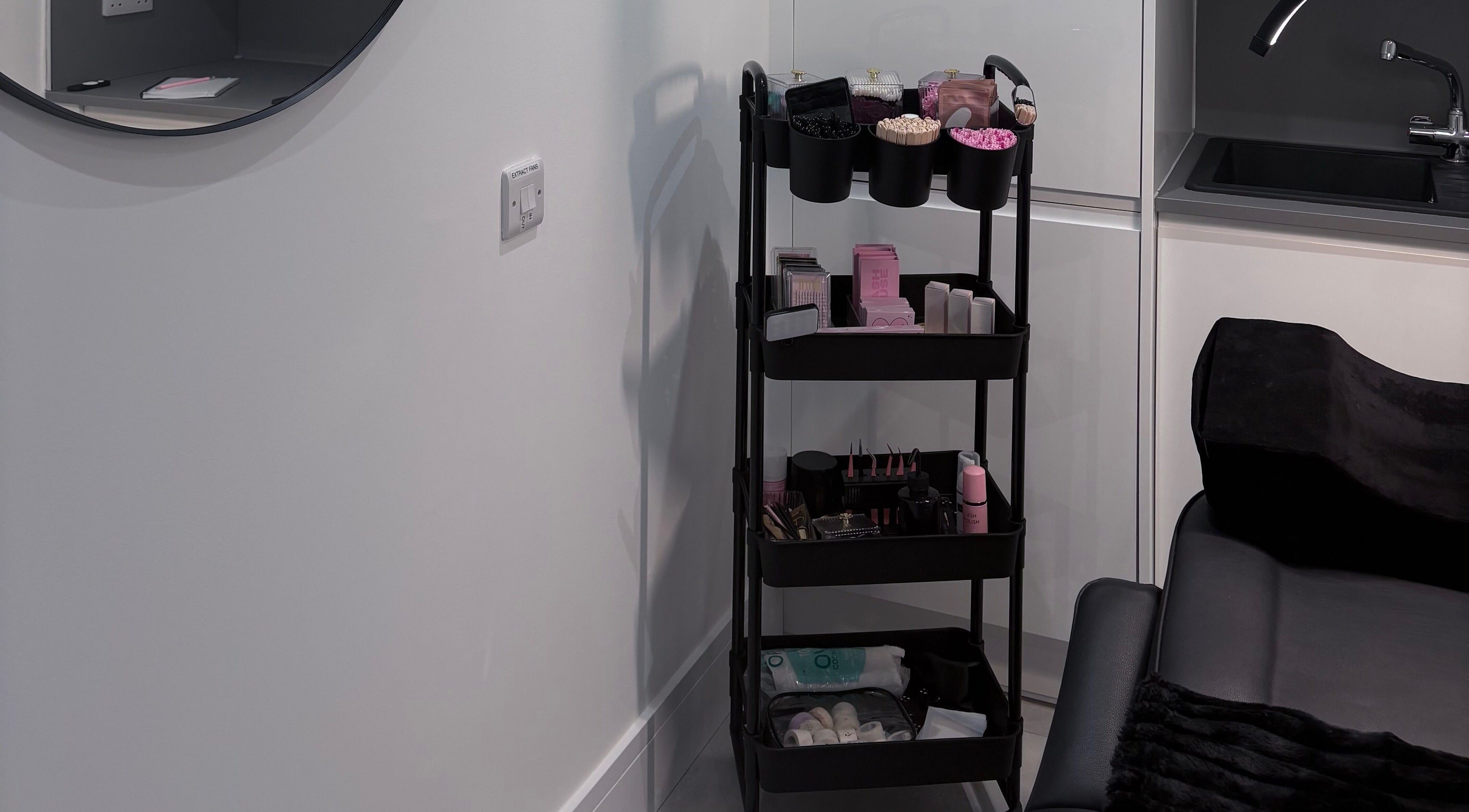 Beauty workstation at Ova Beauty Bar, Banchory, Scotland, GB, featuring organized beauty tools and products.