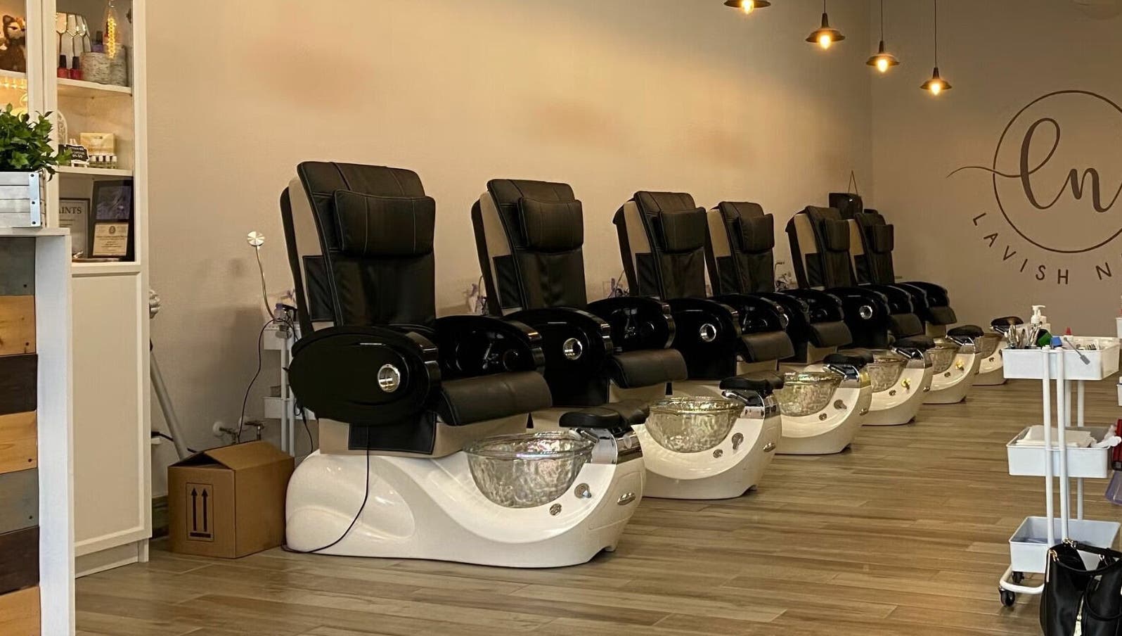 Luxurious pedicure chairs at Lavish Nails, Conroe, Texas, US, embody a serene spa experience.