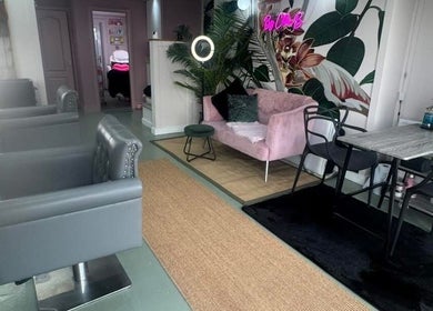 Stylish interior of LVL Lashes Blackpool with modern seating in Blackpool, England, GB.