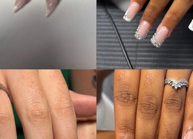 Elegant nail designs at Nailedbyjc in Grays, England, GB, showcasing detailed manicures and sparkling rings.