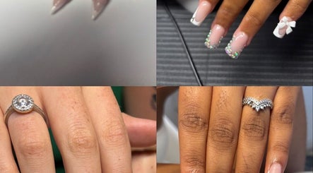 Elegant nail designs at Nailedbyjc in Grays, England, GB, showcasing detailed manicures and sparkling rings.