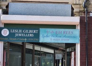 Front of V Em Rees and Leslie Gilbert Jewellers, near Hair by Lorraine at Locks and Lashes Llanelli, Wales, GB.