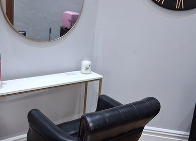 Luxurious salon setup at Hair by Lorraine at Locks and Lashes Llanelli, featuring chic decor in Llanelli, Wales, GB.