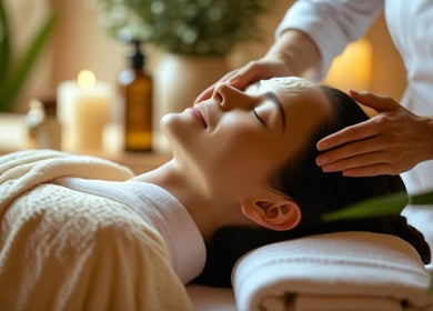 Relaxing head massage at Cairns Head Spa, Cairns City, Queensland, AU, providing serene spa experience.