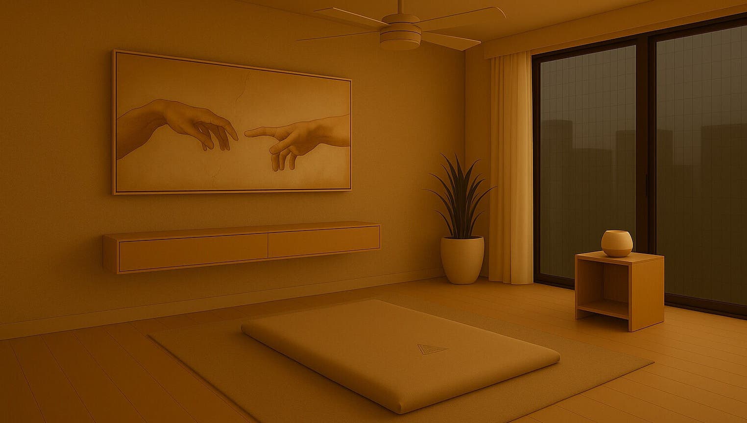 Interior elegante de RASSAMA® Massagem, Distrito Federal, BR, com tatame e arte inspiradora na parede.