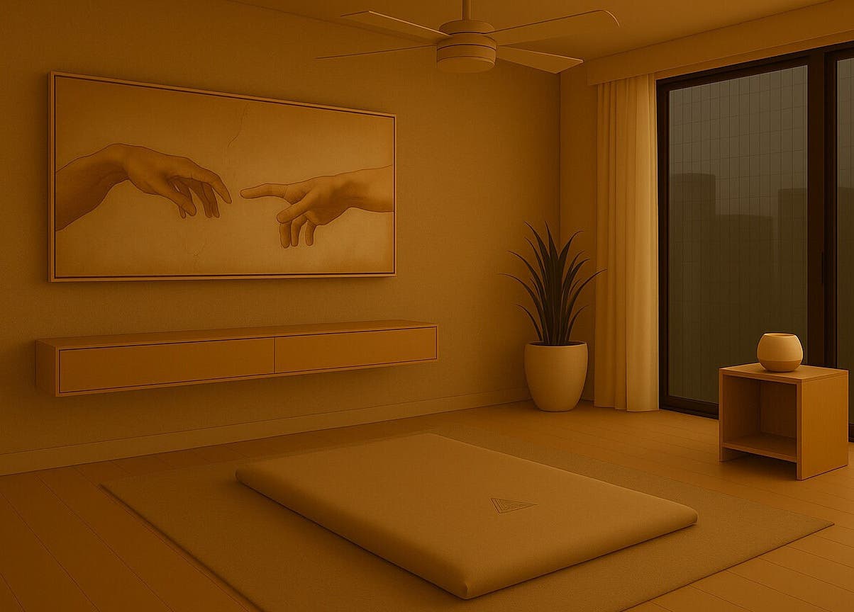 Interior elegante de RASSAMA® Massagem, Distrito Federal, BR, com tatame e arte inspiradora na parede.