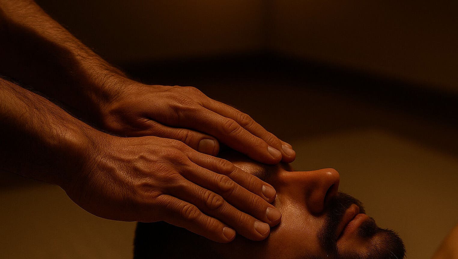 Sessão relaxante no RASSAMA® Pirenópolis Massagem em Goiás, Goiás, BR, mostrando mãos sobre o rosto.