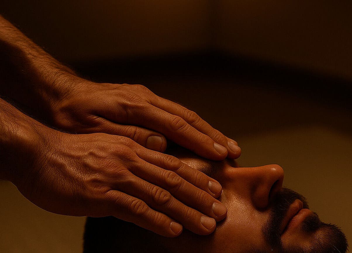 Sessão relaxante no RASSAMA® Pirenópolis Massagem em Goiás, Goiás, BR, mostrando mãos sobre o rosto.