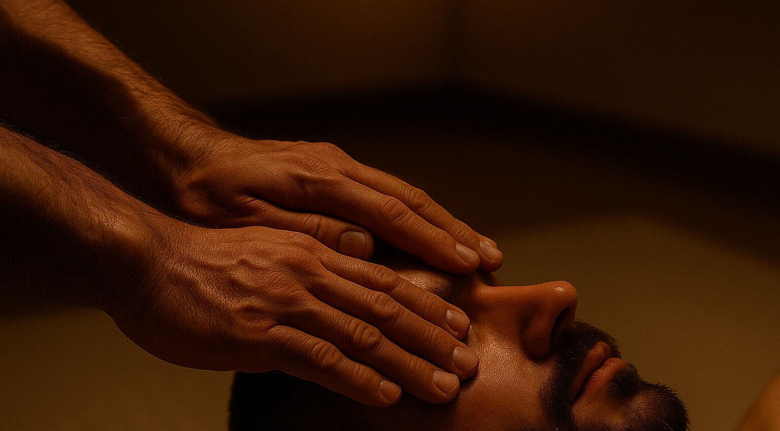 Sessão relaxante no RASSAMA® Pirenópolis Massagem em Goiás, Goiás, BR, mostrando mãos sobre o rosto.