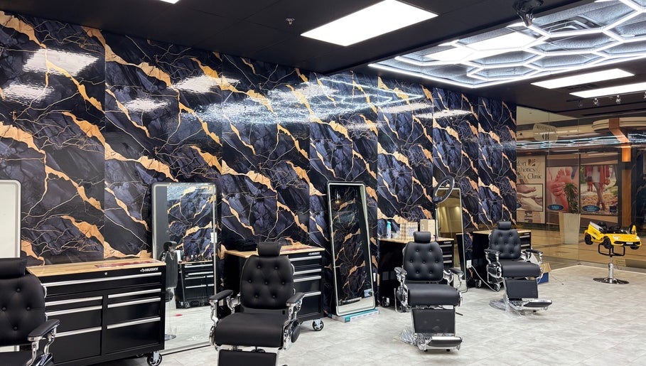Elegant barber chairs and artistic wall design at Bedford (Sunnyside Mall), Bedford, Nova Scotia, CA.