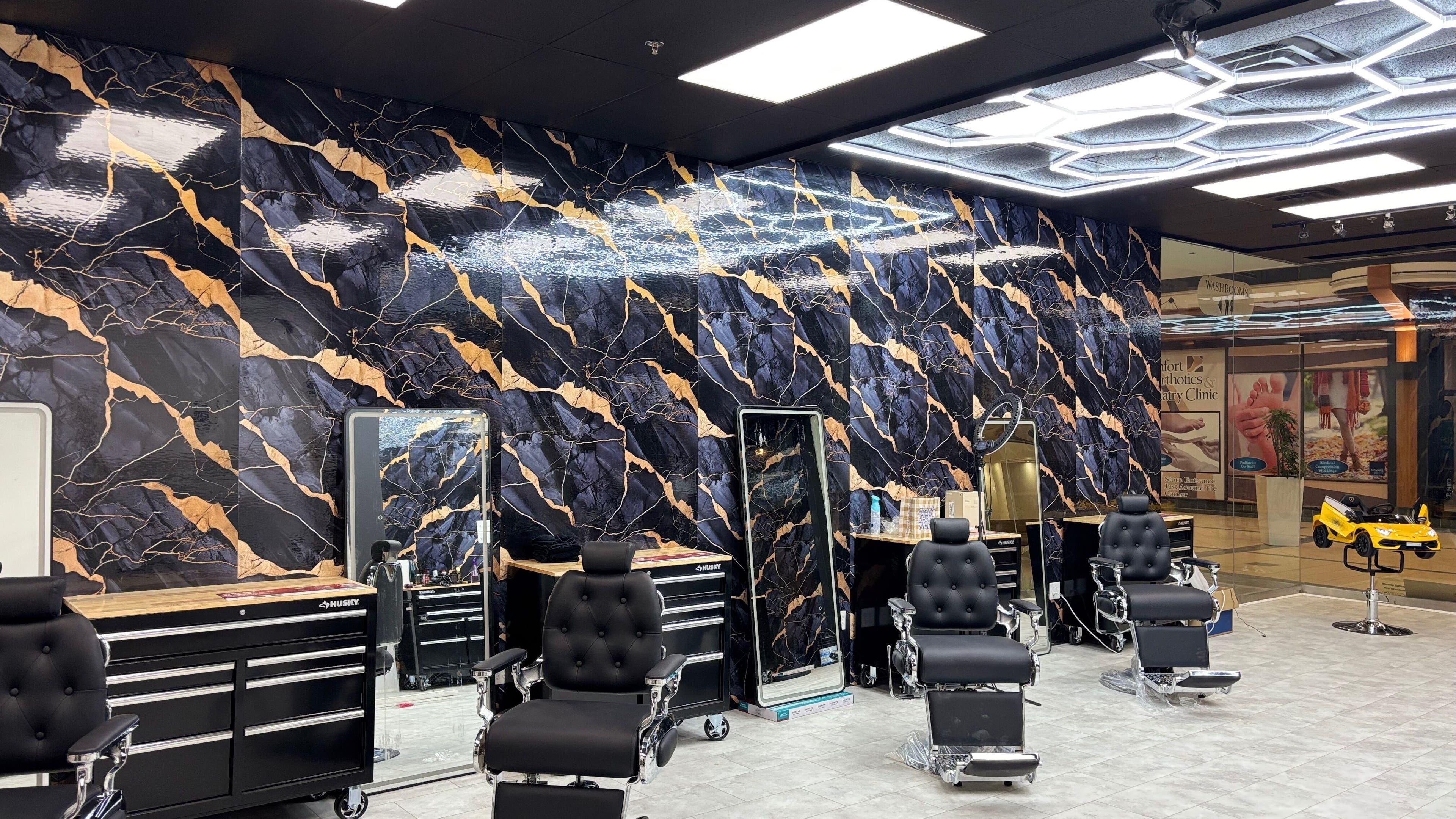 Elegant barber chairs and artistic wall design at Bedford (Sunnyside Mall), Bedford, Nova Scotia, CA.