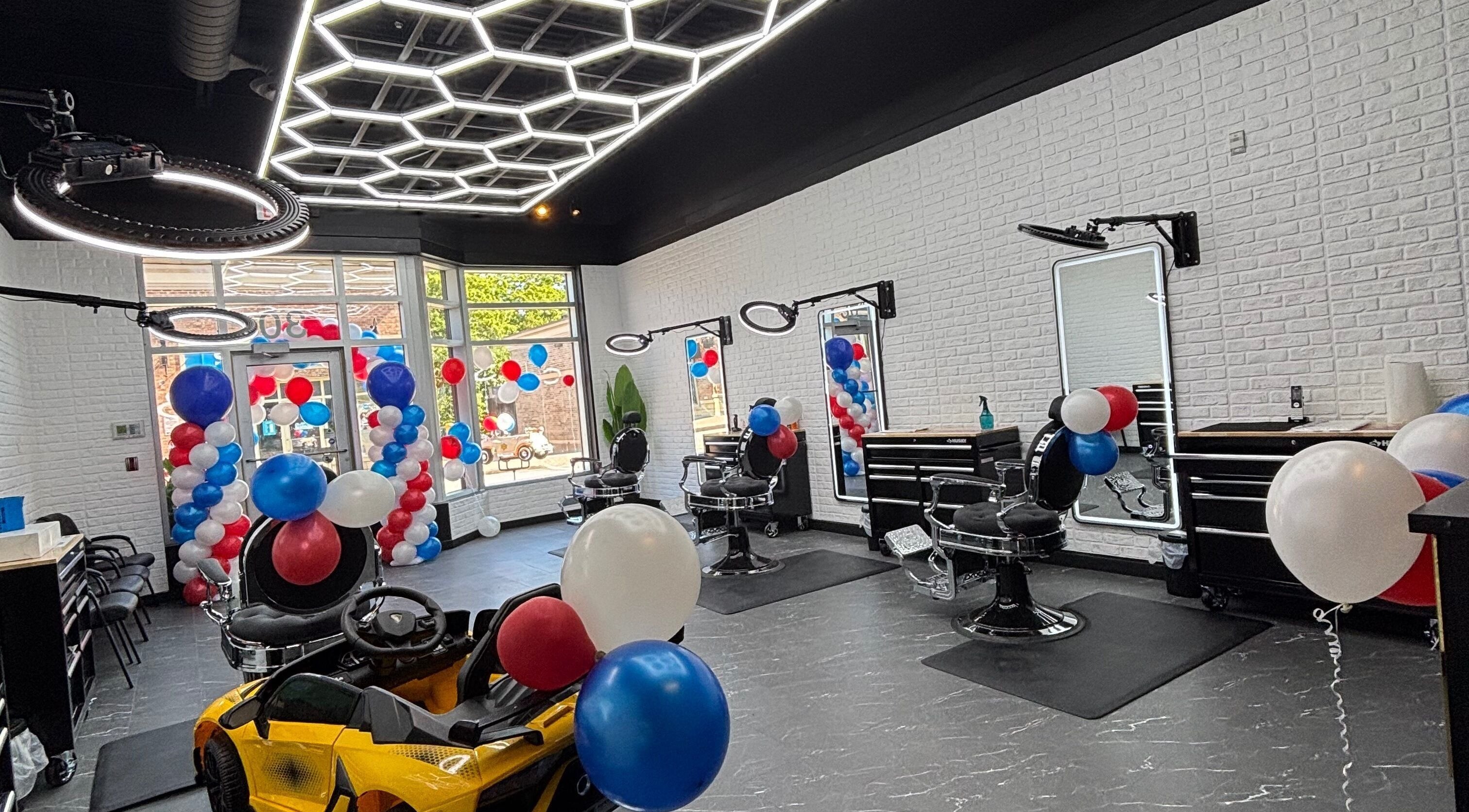 Modern barbershop interior at Dartmouth Crossing in Dartmouth, Nova Scotia, CA decorated with colorful balloons.