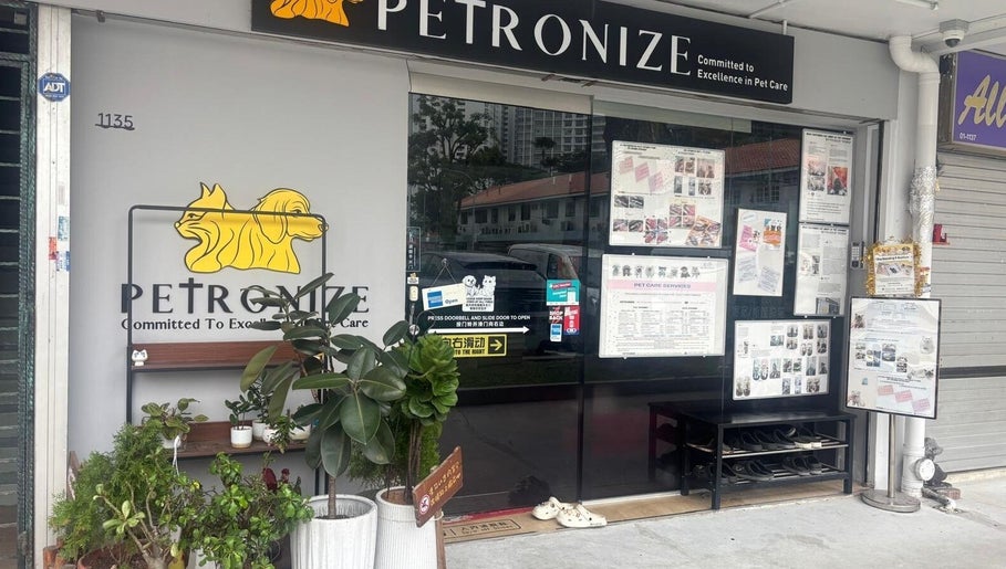 Petronize storefront in Singapore, SG showcasing pet care services with plant decorations.
