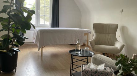 Rustige massagekamer bij De Waterlelie, Nazareth-de Pinte, Vlaanderen, BE met comfortabele stoel en plant.