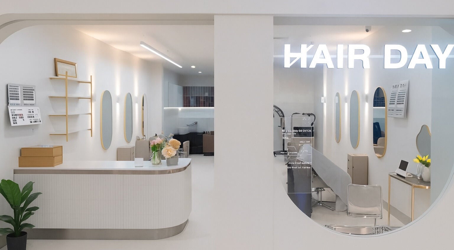 Modern interior of Hair Day salon in East Victoria Park, Western Australia, AU with elegant mirrors and decor.