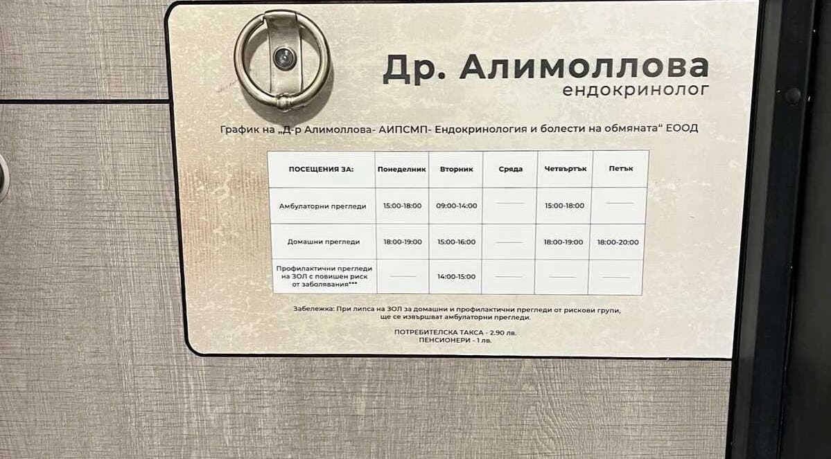 Clinic hours sign for Д-р Алимоллова- ендокринолог in Asenovgrad, Plovdiv, BG displaying consultation times.