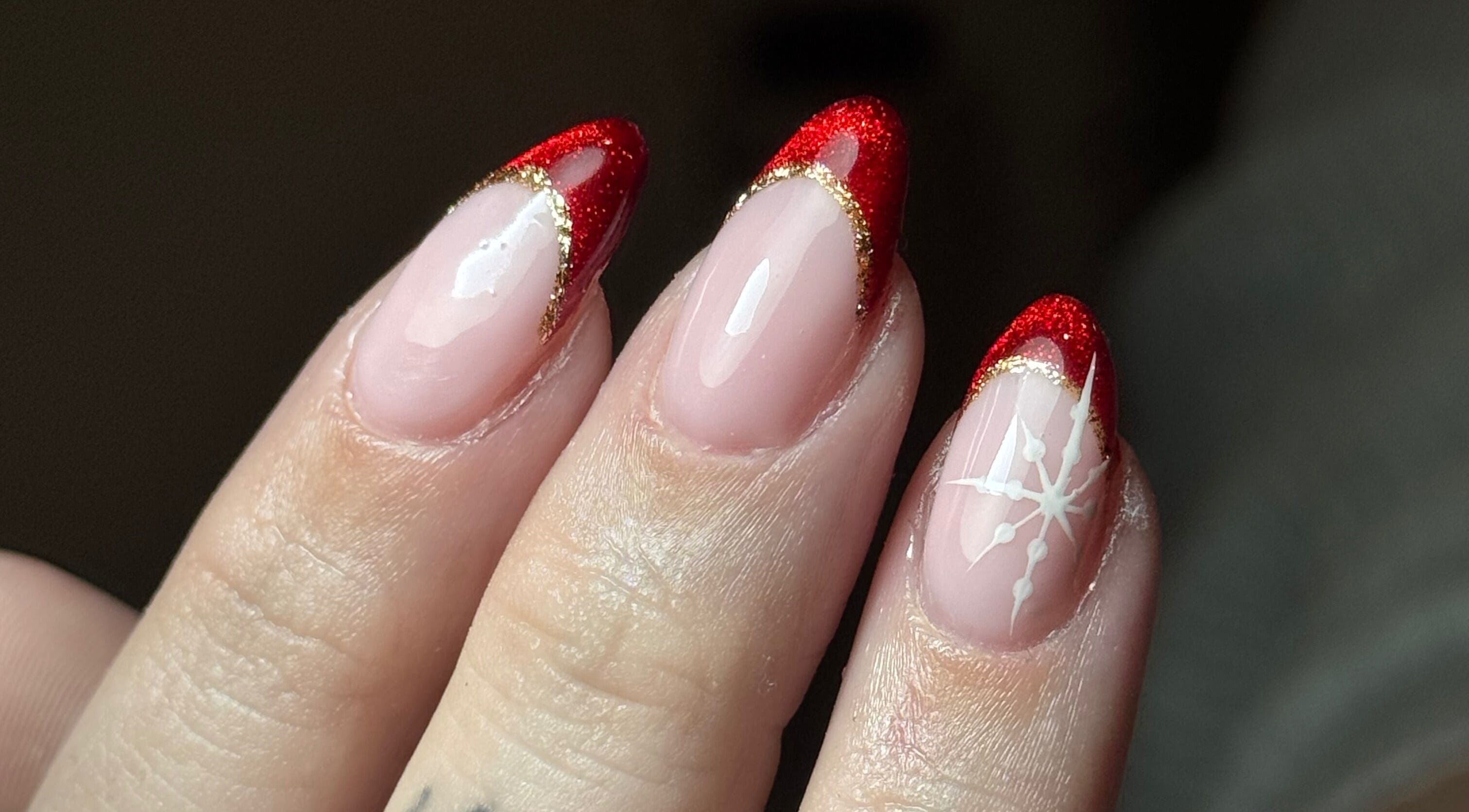 Red and gold French manicure at Mae’d Up Nails By Olivia, Wolverhampton, England, GB.