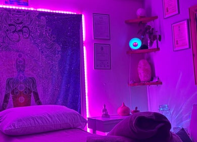 Bee Elevated Holistic Health therapy room with purple lighting in Holbury, England, GB.