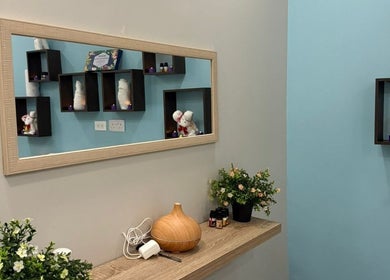 Stylish mirror and decor at Charity Esthetics Holistic Mobile Spa, Drax Hall, St. Ann Parish, JM.