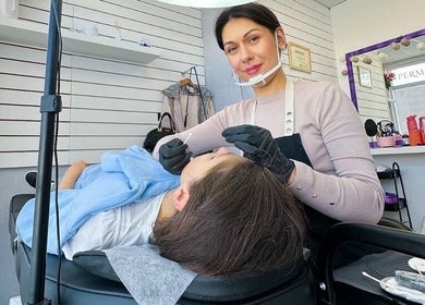 Expert applying eyebrows makeup at Eyebrows and Permanent Makeup, Ennis, County Clare, IE.