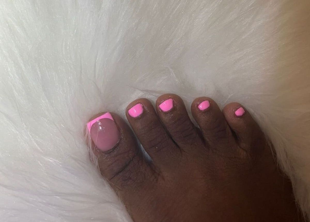 Chic pink toe nails at The Nail Candy, Cave Hill, Saint Lucy, BB on a fluffy white background.