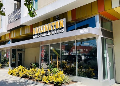 Front entrance of Nailington Nail Boutique in Los Angeles, California, US, featuring stylish signage.
