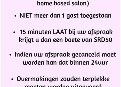 DreamyNails.SR salonvoorschriften in Paramaribo, Paramaribo, SR benadrukken etiquette en boetebeleid.