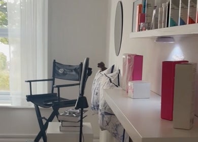 Chic beauty corner at Locksoflove, Whitley Bay, England showcasing products and styling chair.