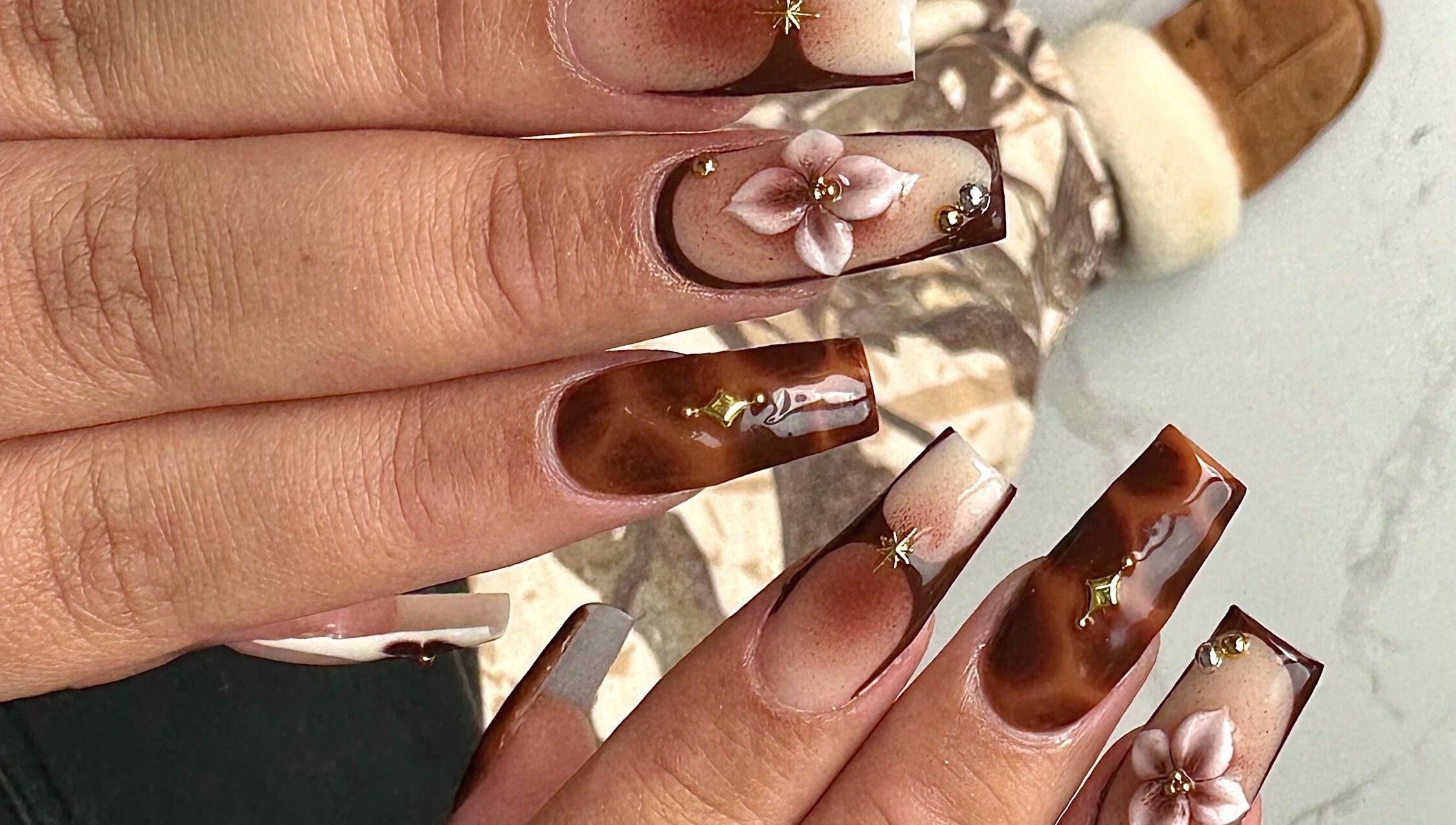 Elegant floral and gemstone nails at MO Nails and Lashes, Auckland, Auckland, NZ.