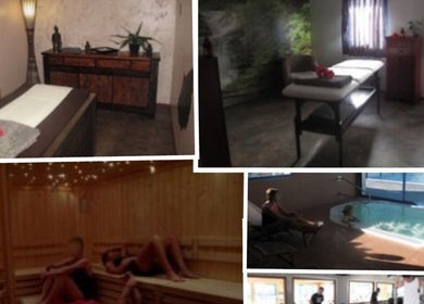 Espace détente de Total Zen à Ergué-Gabéric, Bretagne, FR, comprenant spa, tables de massage et sauna.