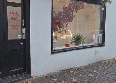 Street view of Little Red, London, England, GB with decorative flowers in the window.