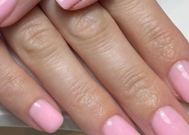 Close-up of pink manicured nails at Kym Christian in Woodvale, Western Australia, AU.
