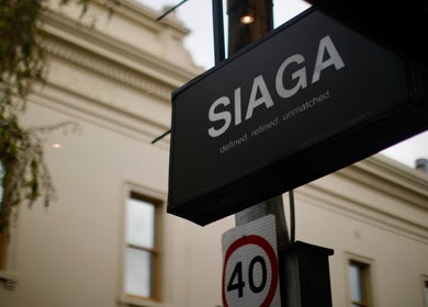 Siaga Melbourne signboard outside venue in Prahran, Victoria, AU, showcasing elegance and style.