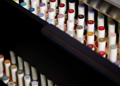 Assorted nail polish bottles lined up at Siaga Melbourne in Prahran, Victoria, AU.