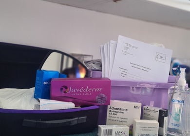 Aesthetic Rx in Clydebank, Scotland displays a kit of professional dermal filler and skincare products.
