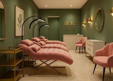 Interior elegante de Beauty Studio By Belle en Tlalnepantla, Estado De México, MX con sofás rosa y decoración moderna.