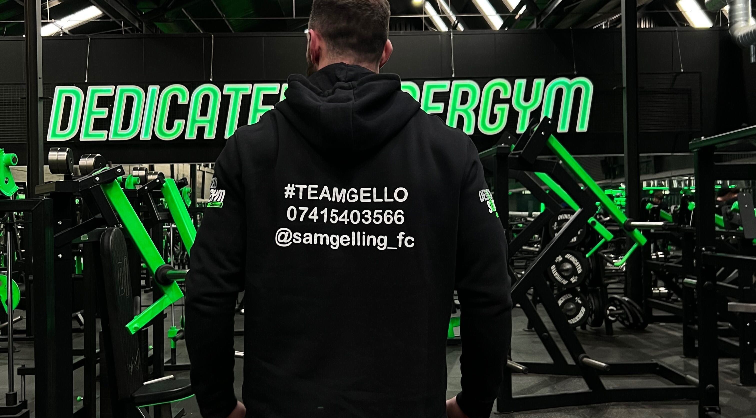 Back of a hoodie with #TEAMGELLO at Sam Gelling - Fitness Coach gym in Birkenhead, England, GB.
