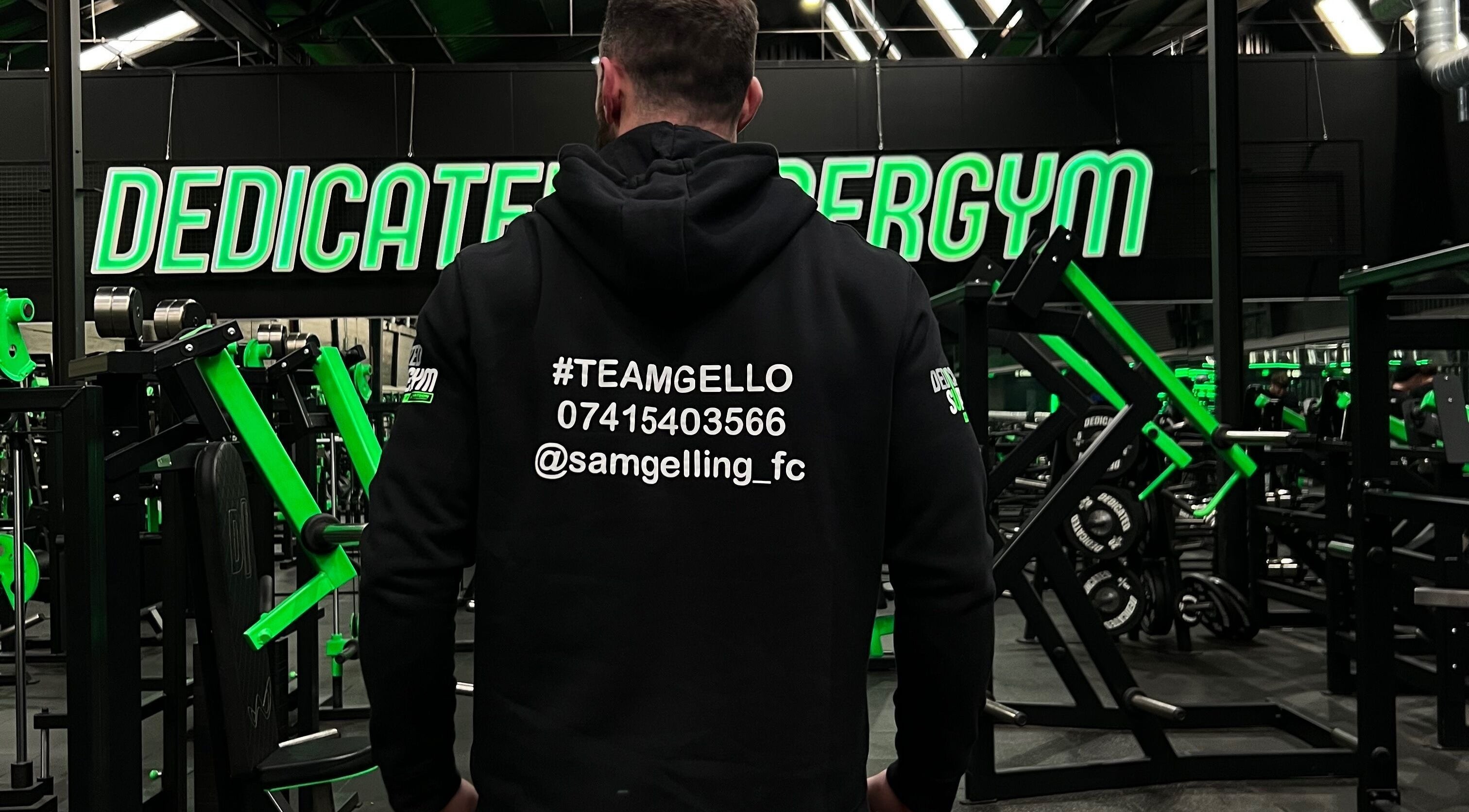 Back of a hoodie with #TEAMGELLO at Sam Gelling - Fitness Coach gym in Birkenhead, England, GB.