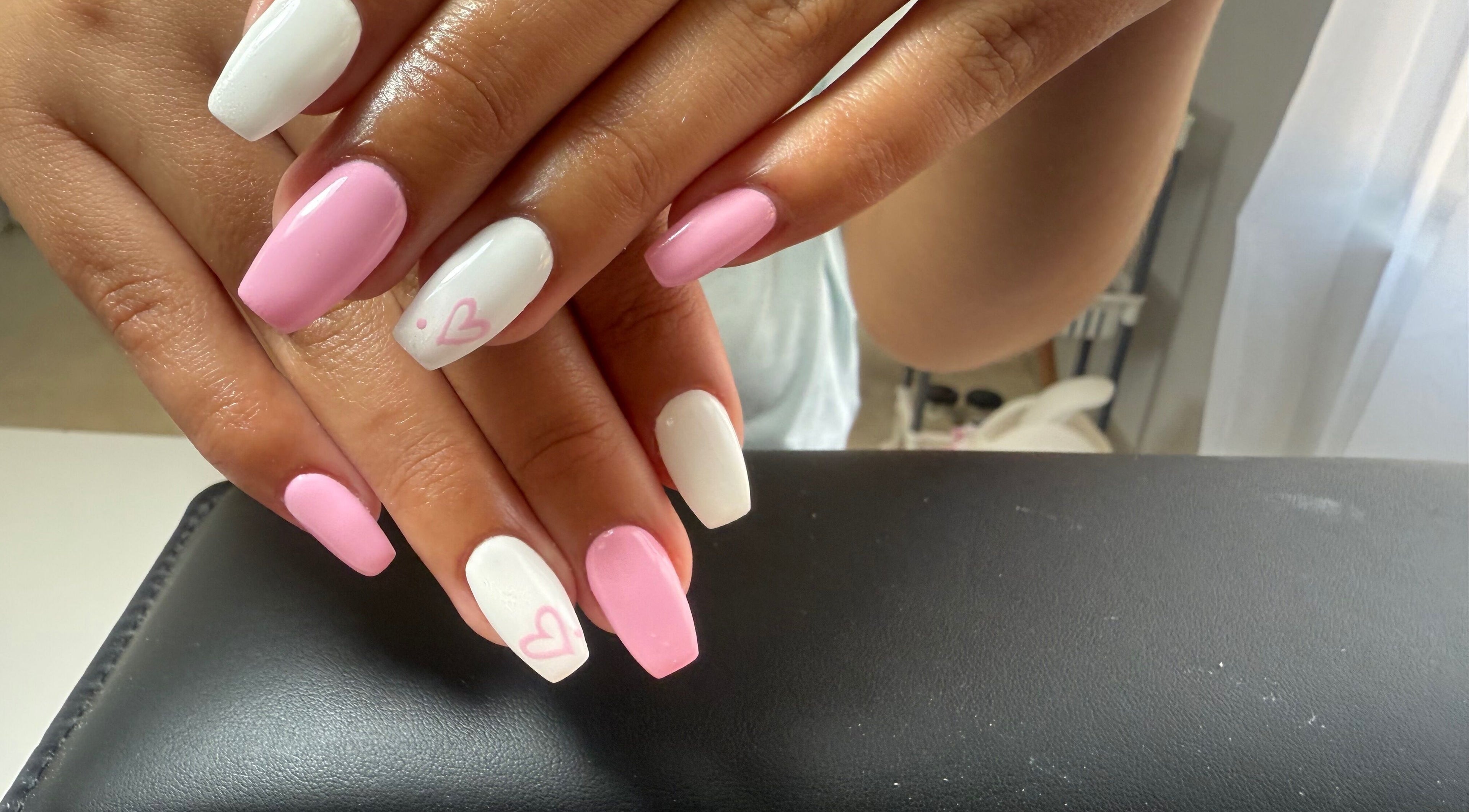 Pink and white nail art at Honey Blush Beauty, Middelburg, Mpumalanga, ZA.