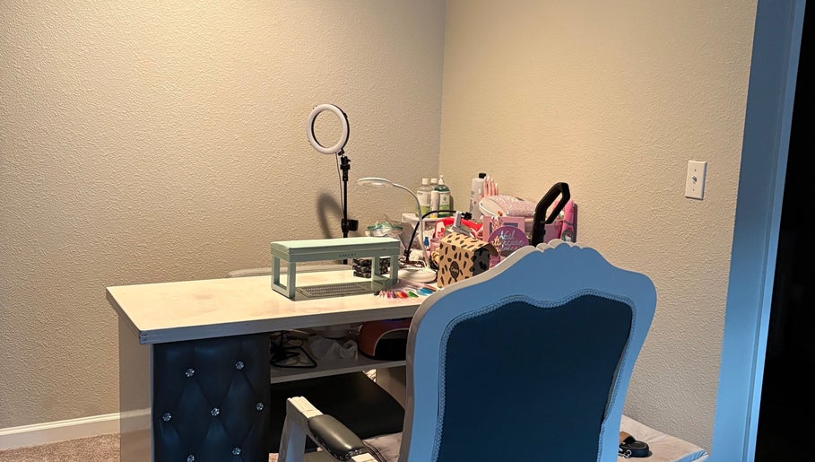Nail station at Kittyscybernails in Federal Heights, Colorado, US, showcasing a chic workspace.