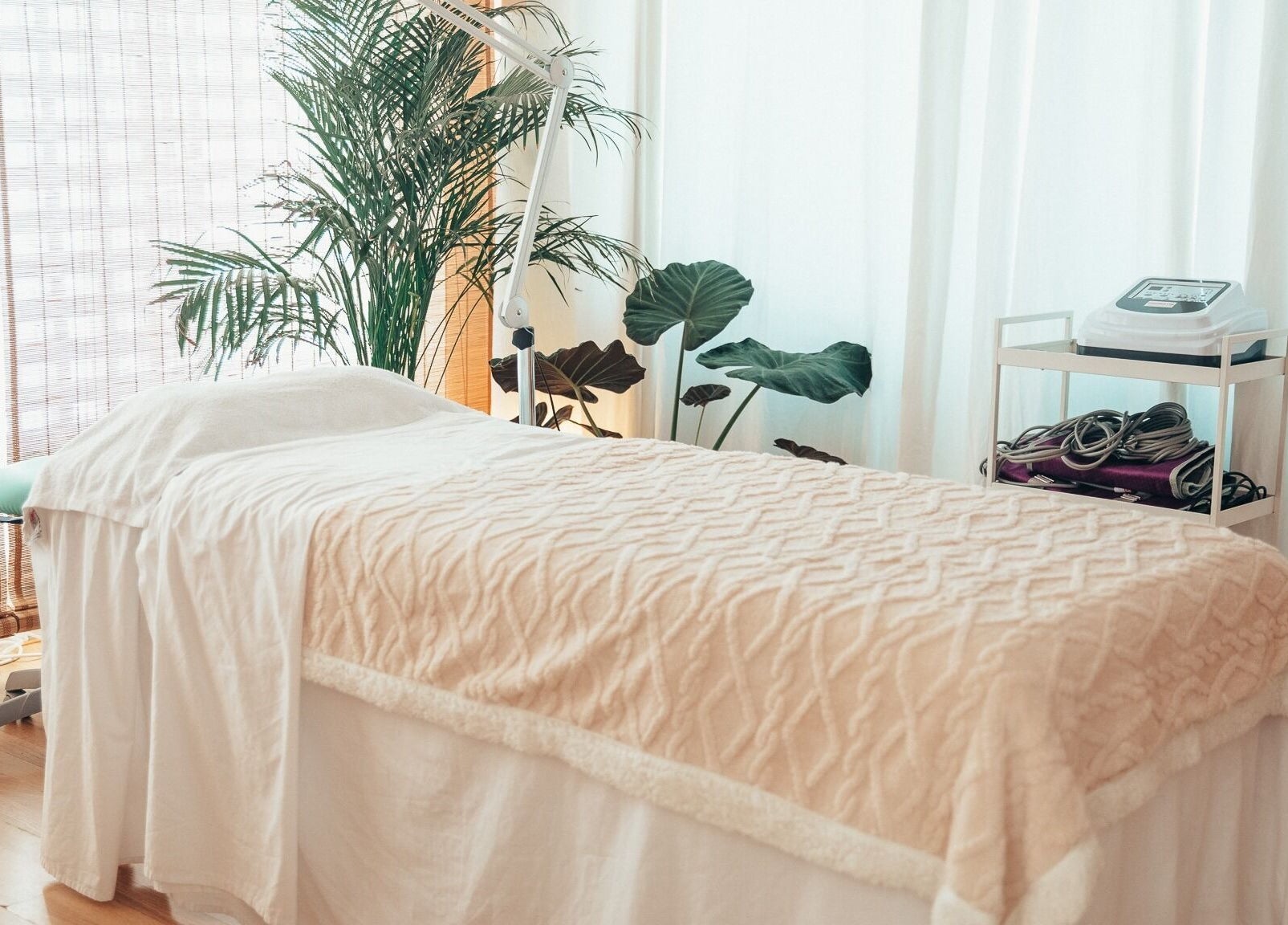 Sala de tratamiento luminosa en Body In Harmony, Rubí, Catalunya, ES con una camilla rodeada de plantas.