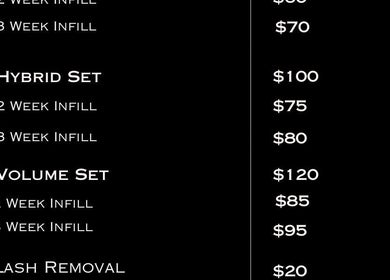 Lash Heaven Beauty pricing list in Andergrove, Queensland, AU featuring classic, hybrid, and volume sets.