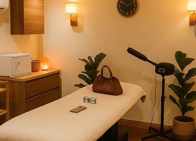Relaxing beauty treatment room at Solvedda, London, England, GB, styled with warm lighting and serene decor.