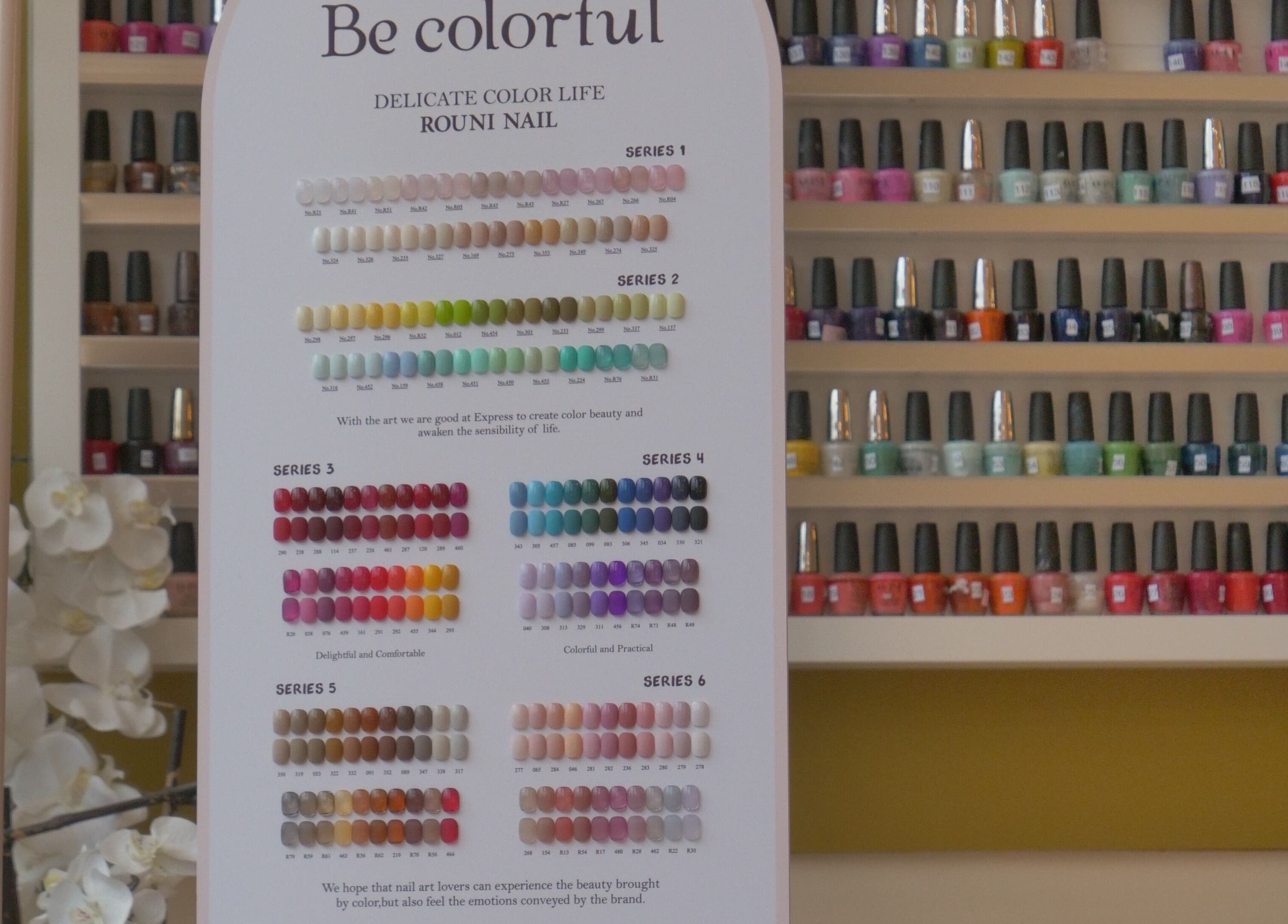 Colorful nail polish display at Sugar Nails and Lashes - Kitsilano, Vancouver, BC, CA.